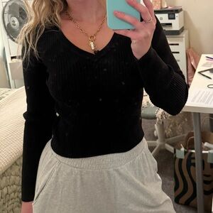 John Gale Black Ribbed V-Neck Sweater